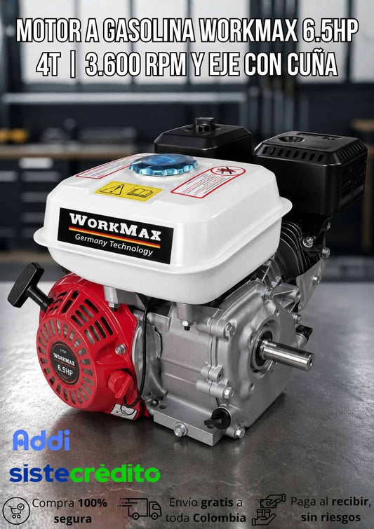 Motor a Gasolina Workmax 6.5HP 4T | 3.600 RPM y Eje con Cuña